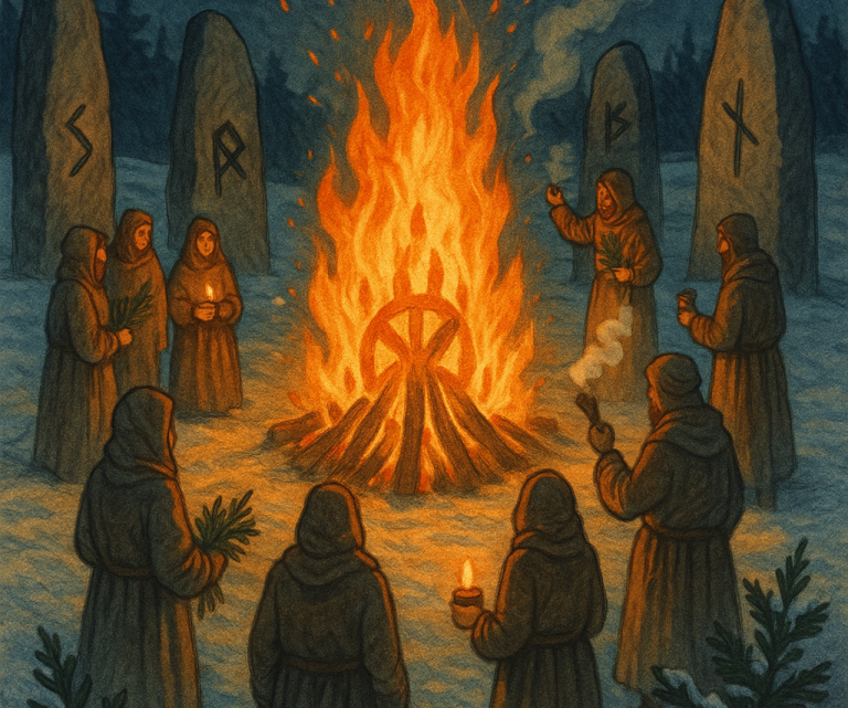 Julfest 4 Menschen in Kapuzenumhängen versammeln sich um ein großes Feuer, umgeben von Steinsäulen.