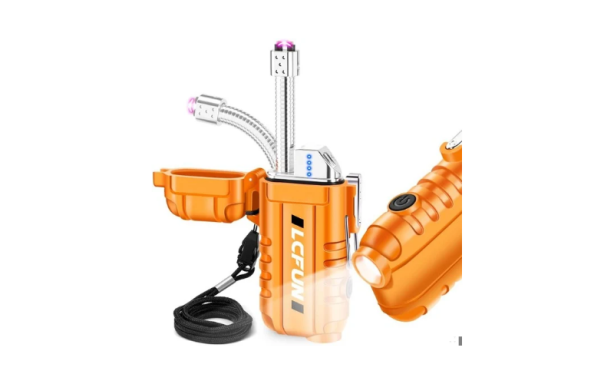 Oranges Elektrofeuerzeug mit Taschenlampe und einem verschließbaren Deckel.