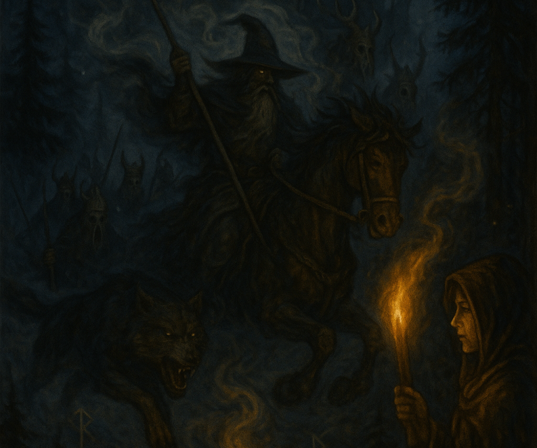 Rauhnächte 5 Odin auf einem Pferd, begleitet von einem Wolf und Reitern, trifft eine Frau mit einer Laterne.