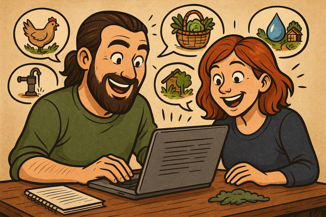 Unser Blog Bild Ein lächelndes Paar am Laptop, umgeben von Symbolen für Gartenarbeit und Natur.