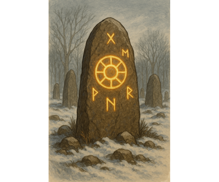 Julfest 2 Ein großer, überwachter Steinsockel mit mystischen Symbolen und einem Radmotiv.