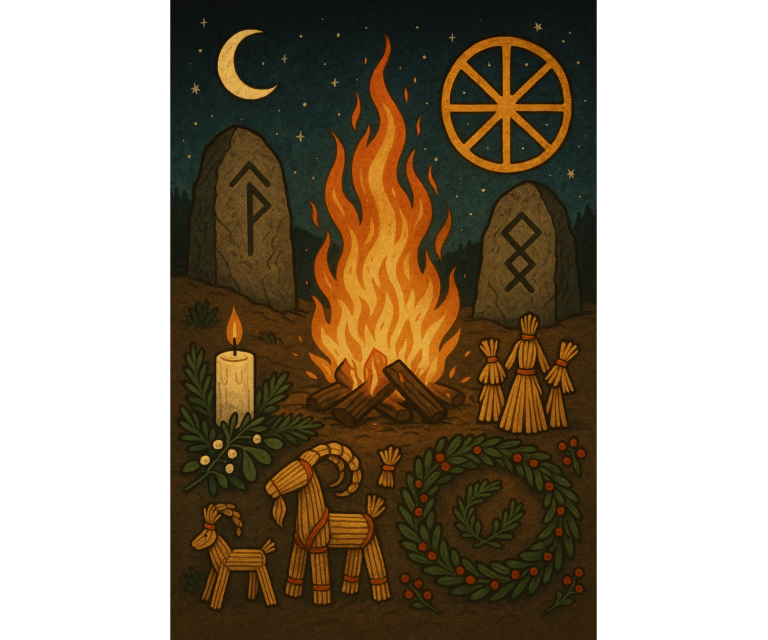 Julfest 7 Ein Lagerfeuer mit symbolischen Steinen, Kerze, Engel und dekorativen Elementen.