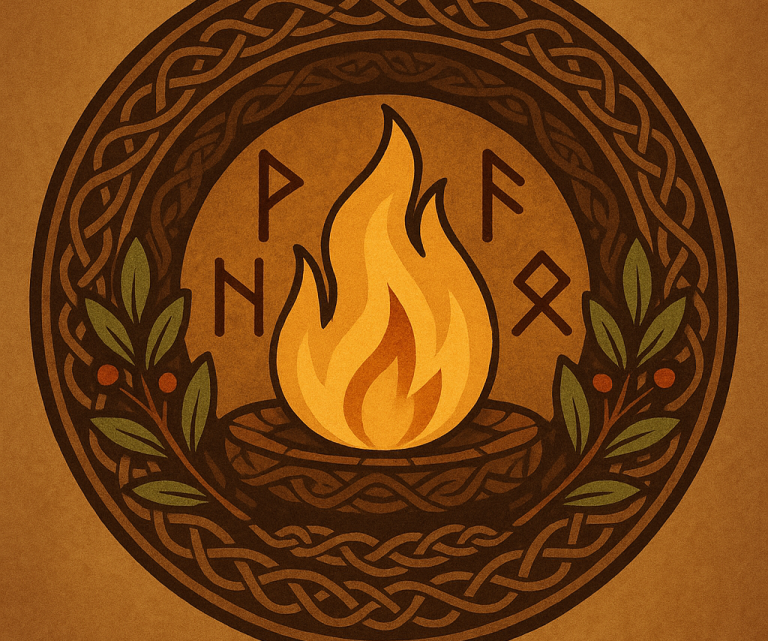 Julfest 1 Ein keltischer Kreis mit einer Flamme und runenartigen Symbolen.