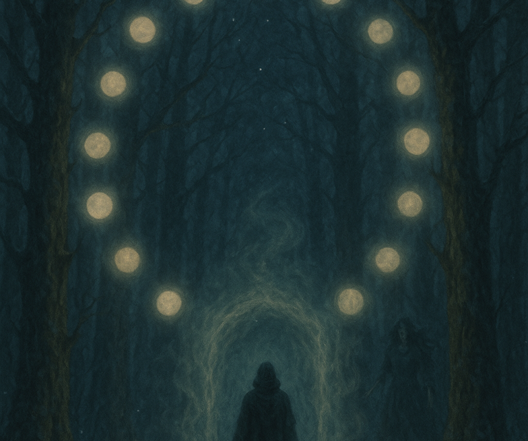 Rauhnächte 4 Eine dunkle Waldszene mit einer Person unter einer leuchtenden, kreisförmigen Anordnung.