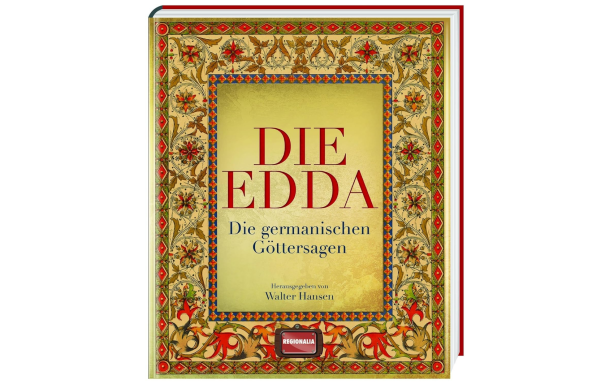 Die Edda Cover des Buches "Die Edda" mit kunstvollem, farbenfrohem Rahmen.