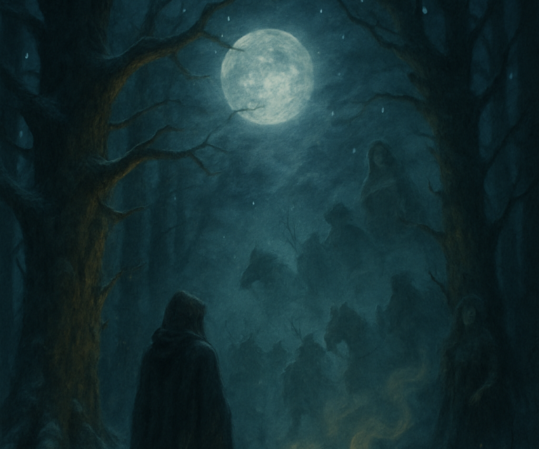 Rauhnächte 3 Eine Person steht im Dunkeln, umgeben von Nebel, mit einem Vollmond im Hintergrund.