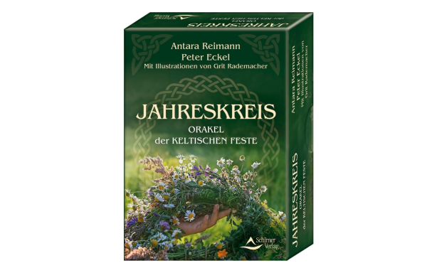 Jahreskreis Verpackung des Spiels „Jahreskreis“ mit farbenfrohen Naturmotiven und floralem Design.