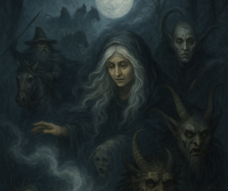 Rauhnächte 6 Eine mystische Szene mit einer weinenden Hexe und unheimlichen Schattenfiguren im Mondlicht.