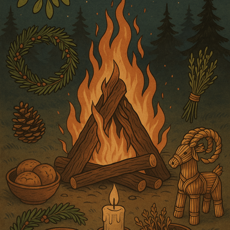 Julfest Tradition Lagerfeuer mit Holzscheiten, Weihnachtskranz, Tannenzapfen und einem Holzschaf.
