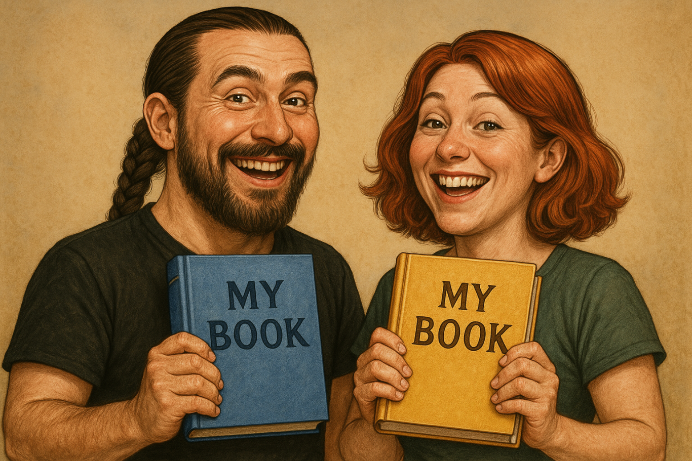 DieSelbstvOrsorger Bücherempfehlung Lächelndes Paar hält jeweils ein Buch mit der Aufschrift „MY BOOK“ in der Hand.