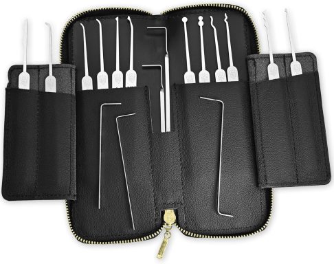 *Lockpicking Set Elektronisches Werkzeugset in schwarzem Etui, bestehend aus verschiedenen Werkzeugen und Hebeln.