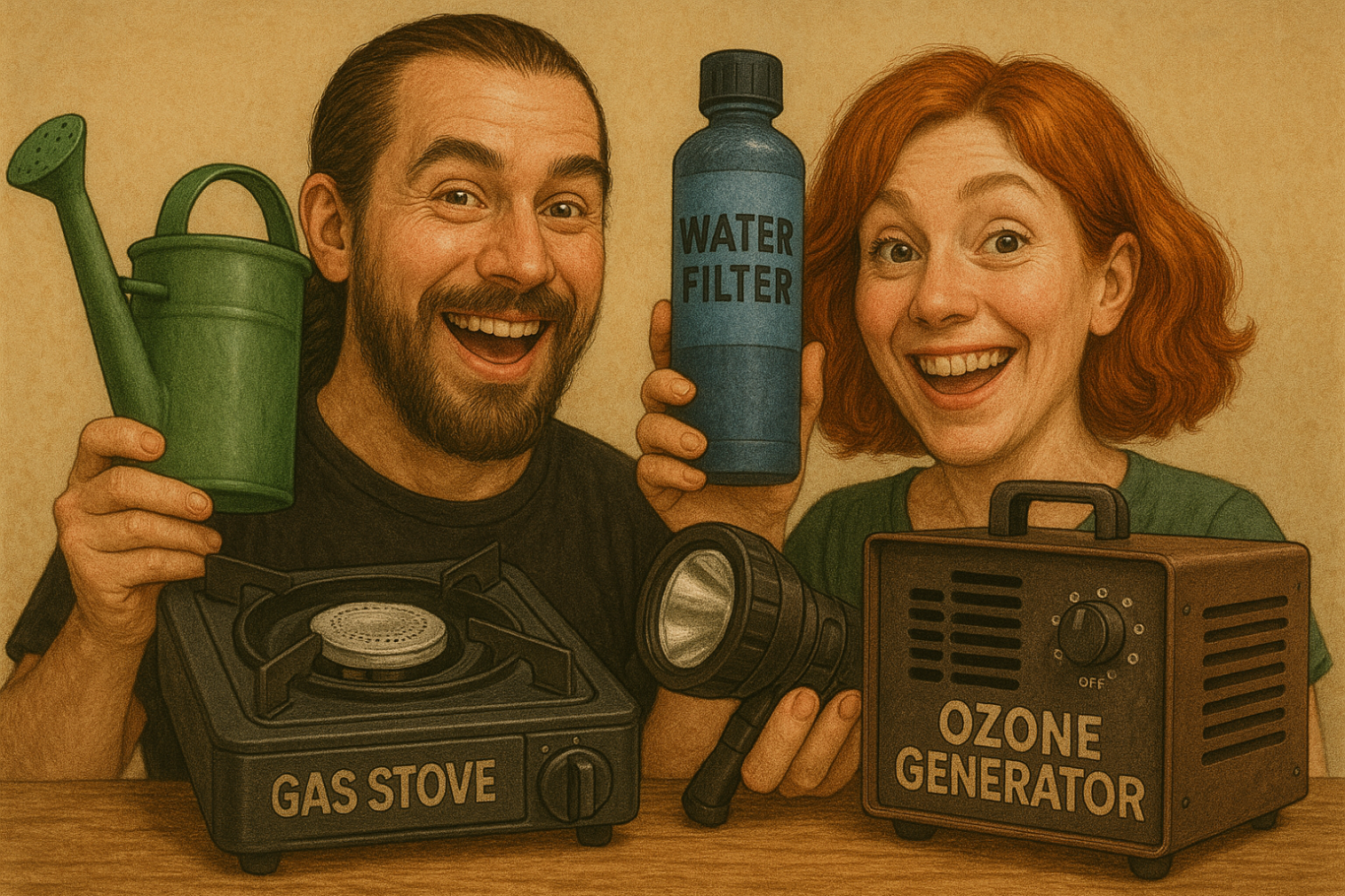 Undere Produktempfehlungen Zwei lächelnde Personen halten Garten- und Haushaltsgeräte, darunter eine Gießkanne und einen Wasserfilter.