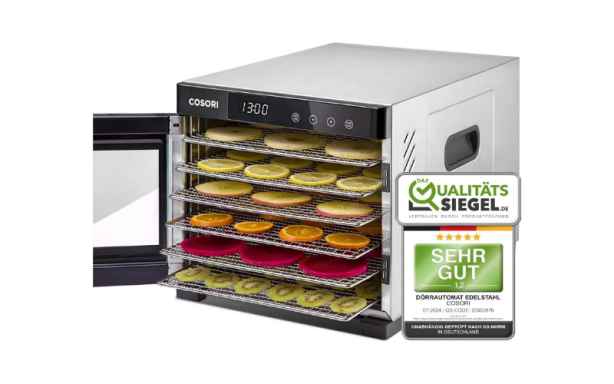 Lebensmittel-Trockner mit mehreren Ebenen und verschiedenen Trockenoptionen.