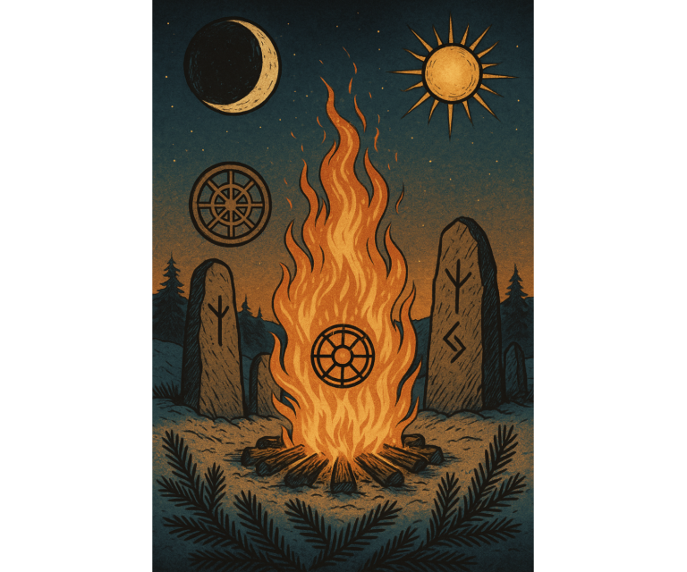 Julfest 3 Feuerstelle mit Symbolen, Mond, Sonne und Steinen in einer mystischen Umgebung.