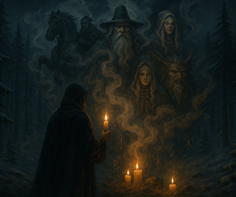 Rauhnächte erklärt Eine mystische Szene mit einm Menschen, der eine Kerze hält, umgeben von Geistern.