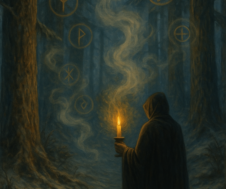 Rauhnächte 2 Ein geheimnisvoller Wald mit einer Figur in einem Umhang, die eine Kerze hält.